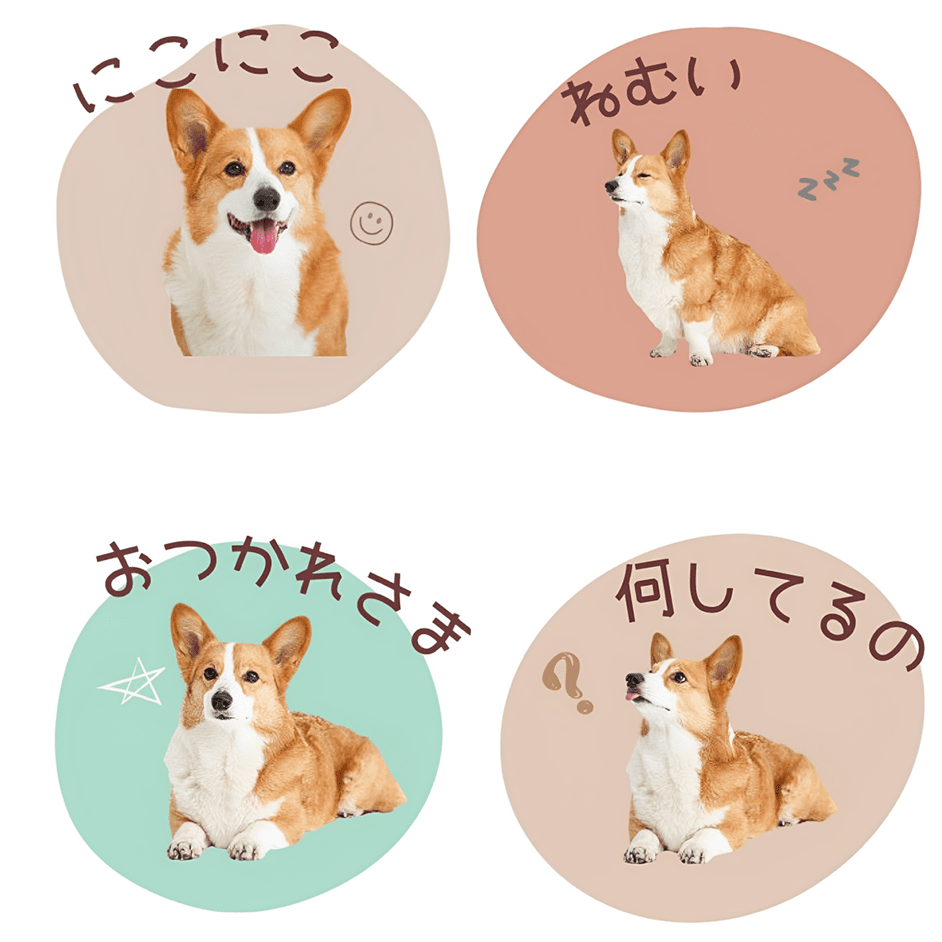 例としてコーギーのスタンプ。スタンプ1「にこにこ」 スタンプ2「ねむい」 スタンプ3「おつかれさま」 スタンプ4「何してるの」